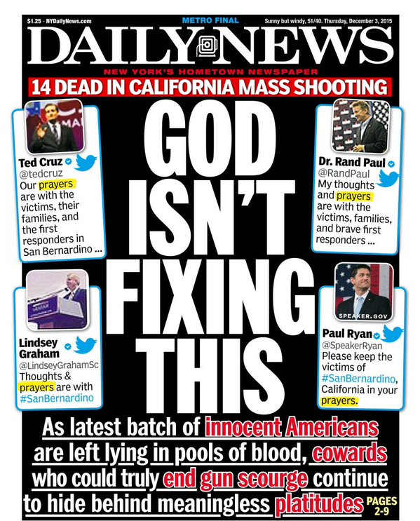 샌버나디노 총기 난사 사고와 관련, 기독교인들의 기도와 하나님을 조롱해 비판을 받은 뉴욕 데일리 뉴스
