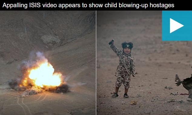 차량을 폭발시켜 인질을 처형한 후 손을 들어 환호하는 4세 아이의 모습