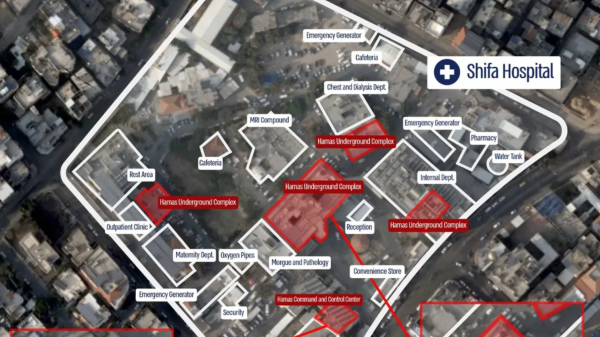 이스라엘군이 하마스의 지하 본부가 있을 것으로 추정하는 알시파 병원 주변 지도.