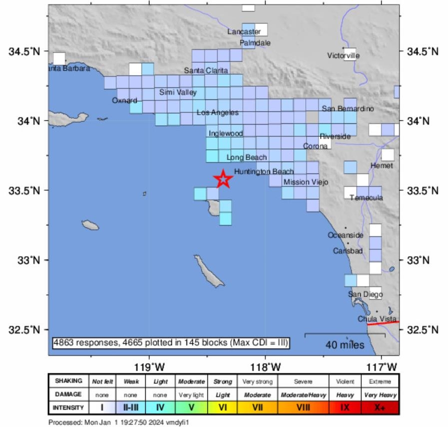 LA 일대에서 느껴진 진동 지도