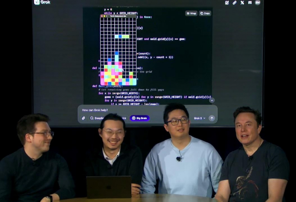 머스크(맨 오른쪽)의 AI 챗봇 그록3 공개