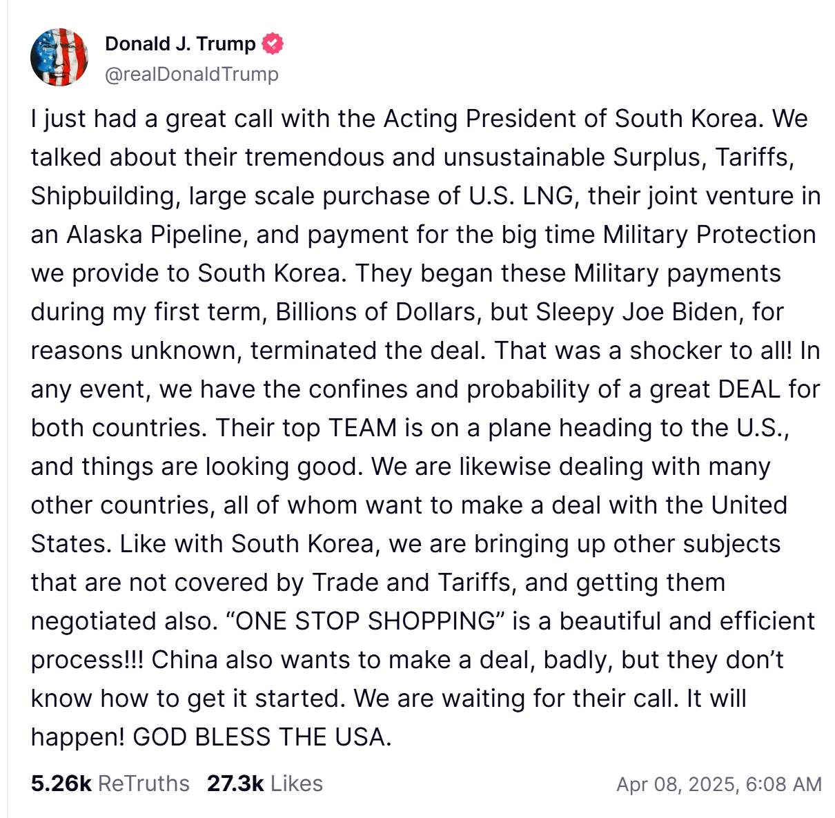 트럼프, 한대행과 통화