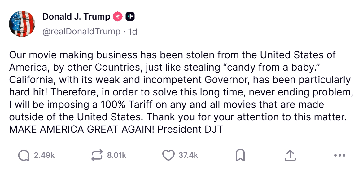 영화산업에도 관세예고