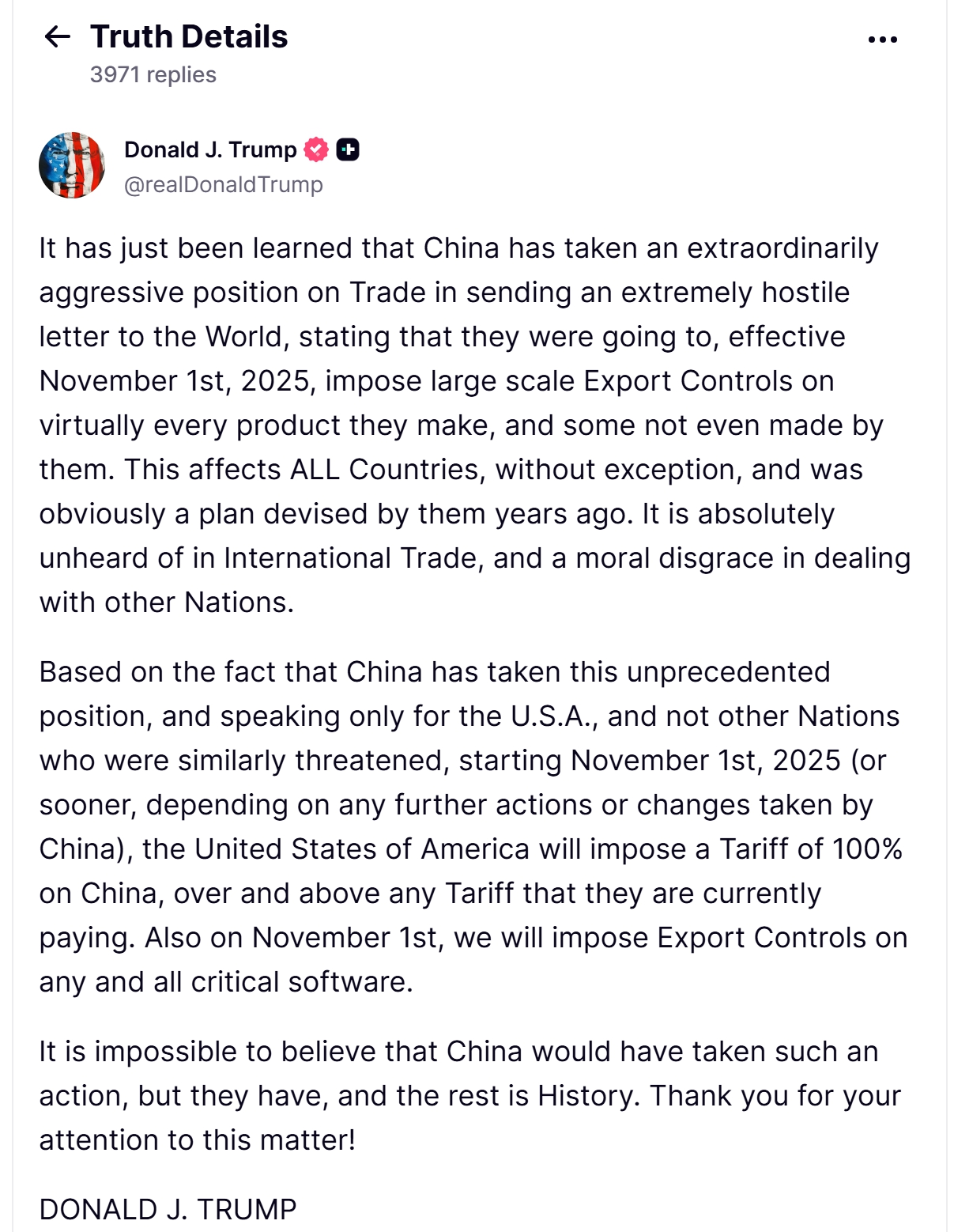 트럼프 대통령 중국의 희토류 통제 비판하며, 100%관세 부과